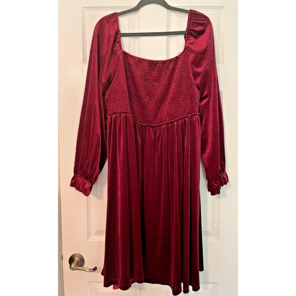 Cranberry Red Velour Dress 4X Empire Waist peasant‎ Square neck Holiday Party